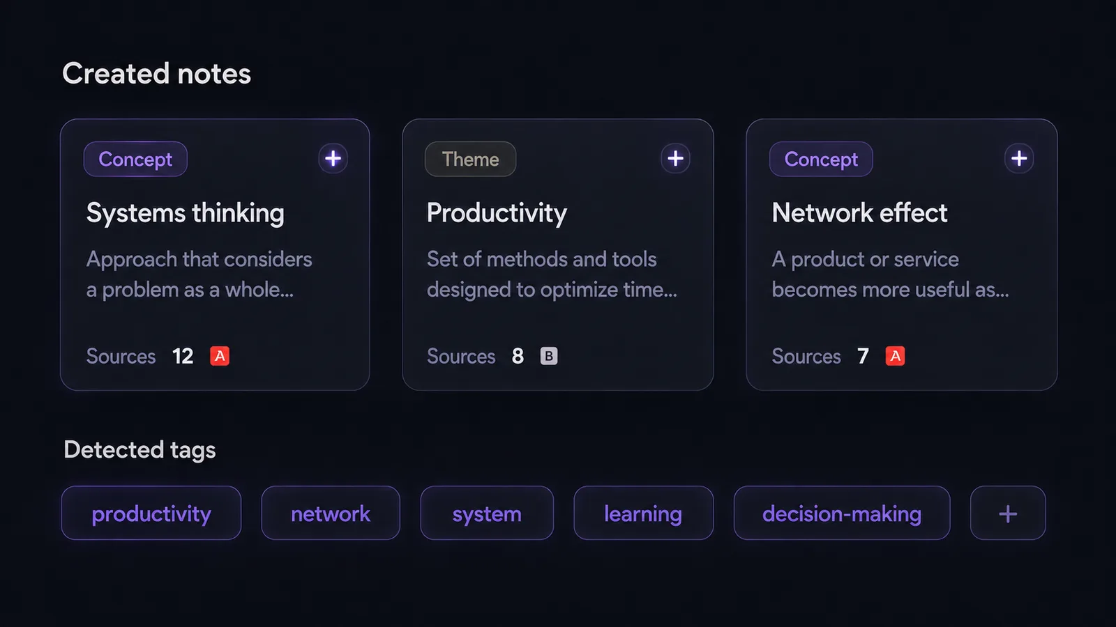 Mockup création — Created notes : 3 fiches Systems thinking, Productivity, Network effect avec sources et tags
